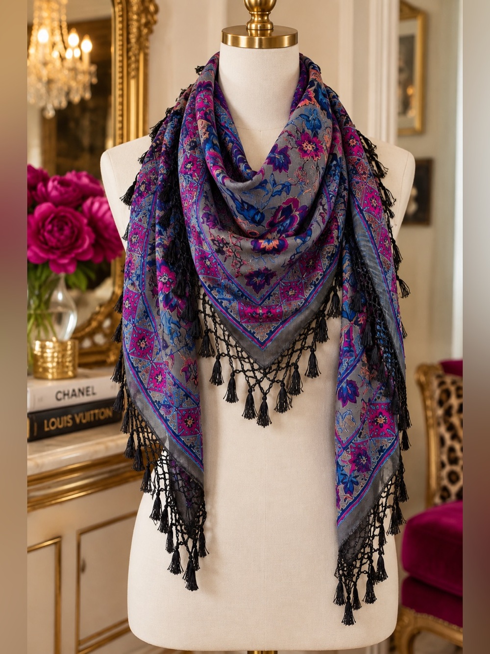 ✨ VINTAGE 1970s/80s FLORAL SQUARE SCARF | JEWEL TONES + BLACK FRINGE ✨